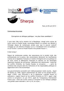 Communiqué de presse du Syndicat de la Magistrature et des associations Anticor, Transparence International France, Sherpa et Survie - Corruption et éthique publique