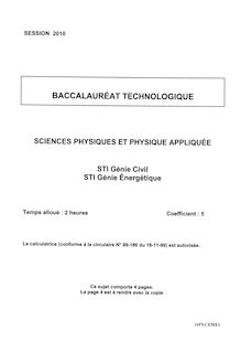 Sciences physiques et physique appliquée 2010 S.T.I (Génie Civil) Baccalauréat technologique