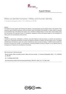 Milieu et identité humaine // Milieu and human identity  - article ; n°638 ; vol.113, pg 385-399