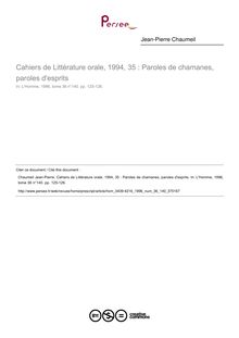 Cahiers de Littérature orale, 1994, 35 : Paroles de chamanes, paroles d esprits  ; n°140 ; vol.36, pg 125-126
