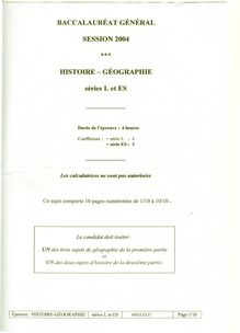 Histoire Géographie 2004 Sciences Economiques et Sociales Baccalauréat général
