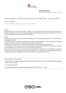 Conversation maîtresse-enfant(s) en maternelle : la circulation de la parole - article ; n°1 ; vol.91, pg 59-67
