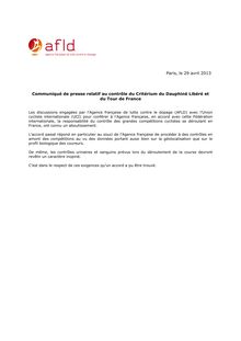 Communiqué de presse relatif au contrôle du Critérium du Dauphiné Libéré et du Tour de France