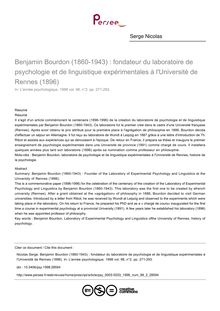 Benjamin Bourdon (1860-1943) : fondateur du laboratoire de psychologie et de linguistique expérimentales à l Université de Rennes (1896) - article ; n°2 ; vol.98, pg 271-293