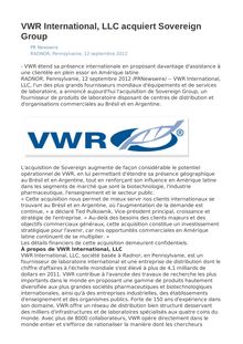 VWR International, LLC acquiert Sovereign Group