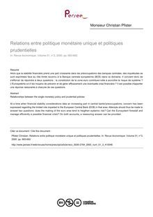 Relations entre politique monétaire unique et politiques prudentielles - article ; n°3 ; vol.51, pg 683-692