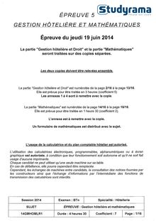 Sujet BAC HOTELLERIE 2014 Gestion Hôtelière et Mathématiques