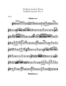 Partition flûte 1, 2, violon Concerto No.3, G major, Mozart, Wolfgang Amadeus