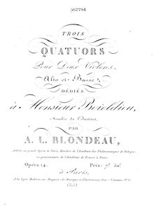 Partition violoncelle, 3 corde quatuors, Blondeau, Auguste Louis
