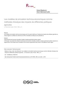 Les modèles de simulation technico-économiques comme méthodes d analyse des impacts de différentes politiques agricoles  - article ; n°1 ; vol.222, pg 6-6