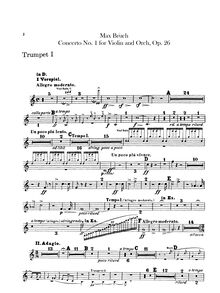 Partition trompette 1, 2 (en D), violon Concerto No 1, G minor, Bruch, Max