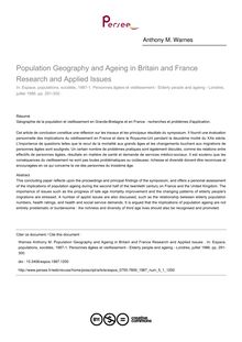 Population Geography and Ageing in Britain and France Research and Applied Issues  - article ; n°1 ; vol.5, pg 291-300