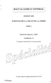 Sciences de la vie et de la terre (SVT) Specialité 2003 Scientifique Baccalauréat général