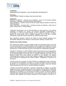 Rencontres HAS 2009 - Indépendance de l’expertise  vers une approche internationale  - Rencontres 09 - Synthèse Plénière 1