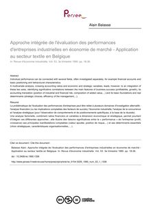 Approche intégrée de l évaluation des performances d entreprises industrielles en économie de marché - Application au secteur textile en Belgique - article ; n°1 ; vol.53, pg 18-36