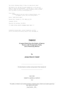 Taboo - A Legend Retold from the Dirghic of Sævius Nicanor, with - Prolegomena, Notes, and a Preliminary Memoir