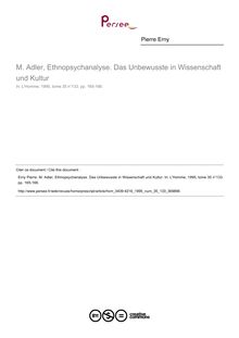 M. Adler, Ethnopsychanalyse. Das Unbewusste in Wissenschaft und Kultur  ; n°133 ; vol.35, pg 165-166
