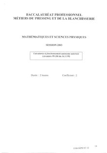 Mathématiques et sciences physiques 2003 Bac Pro - Métiers du pressing et de la blanchisserie
