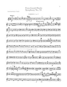 Partition cor 1, 2 (D, G; avec transposed parties en F), Symphony No.93 en D major