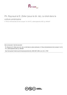 Ph. Raynaud et E. Zoller (sous la dir. de), Le droit dans la culture américaine - note biblio ; n°3 ; vol.54, pg 895-897