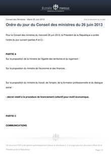Ordre du jour du Conseil des ministres du 26 juin 2013
