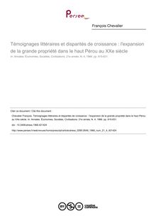 Témoignages littéraires et disparités de croissance : l expansion de la grande propriété dans le haut Pérou au XXe siècle - article ; n°4 ; vol.21, pg 815-831