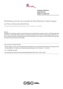 Néolithique ancien de la grotte de Bois-Bertaud à Saint-Léger-en-Pons (Charente-Maritime) - article ; n°1 ; vol.88, pg 26-32