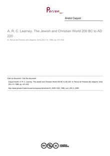 A. R. C. Learney. The Jewish and Christian World 200 BC to AD 220  ; n°4 ; vol.203, pg 431-432