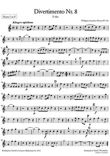 Partition cor 1 (en F), Divertimento, Divertimento No.8, F major