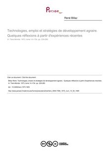 Technologies, emploi et stratégies de développement agraire.  Quelques réflexions à partir d expériences récentes - article ; n°54 ; vol.14, pg 229-260
