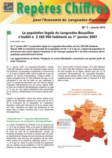 La population légale du Languedoc-Roussillon s établit à 2 560 900 habitants au 1er janvier 2007