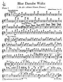 Partition flûte 1, pour Blue Danube, Op. 314, On the Beautiful Blue Danube - WalzesAn der schönen blauen Donau