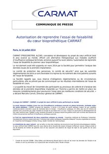 Cœur bioprothétique - Communiqué CARMAT 