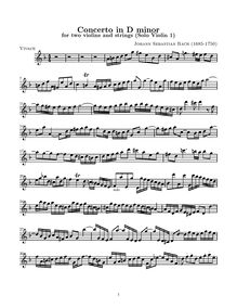 Partition violon 1 solo, Concerto pour 2 violons, Double Concerto par Johann Sebastian Bach