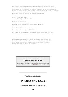 Proud and Lazy - A Story for Little Folks