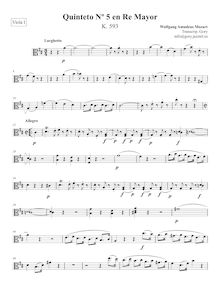 Partition viole de gambe I, corde quintette No.5, D major, Mozart, Wolfgang Amadeus