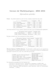 Informations générales - Licence de Mathématiques : 2003 2004