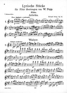 Partition flûte , partie, lyrique pièces, Op.12, Grieg, Edvard