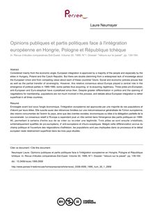 Opinions publiques et partis politiques face à l intégration européenne en Hongrie, Pologne et République tchèque - article ; n°1 ; vol.30, pg 139-164