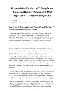 Boston Scientific Vercise™ Deep Brain Stimulation System Receives CE Mark Approval for Treatment of Dystonia