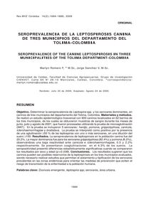 SEROPREVALENCIA DE LA LEPTOSPIROSIS CANINA DE TRES MUNICIPIOS DEL DEPARTAMENTO DEL TOLIMA-COLOMBIA (SEROPREVALENCE OF THE CANINE LEPTOSPIROSIS IN THREE MUNICIPALITIES OF THE TOLIMA DEPARTMENT-COLOMBIA)