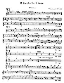 Partition hautbois 1, 6 German Dances, Deutsche Tänze, Mozart, Wolfgang Amadeus