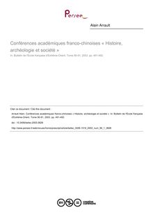 Conférences académiques franco-chinoises « Histoire, archéologie et société » - article ; n°1 ; vol.90, pg 491-492