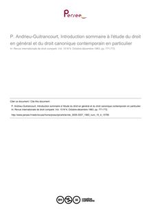 P. Andrieu-Guitrancourt, Introduction sommaire à l étude du droit en général et du droit canonique contemporain en particulier - note biblio ; n°4 ; vol.15, pg 771-772