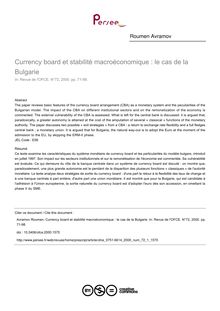 Currency board et stabilité macroéconomique : le cas de la Bulgarie - article ; n°1 ; vol.72, pg 71-98