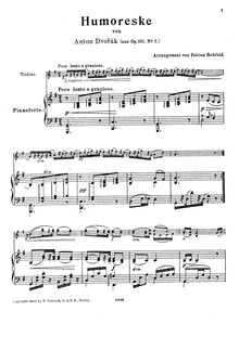 Partition violon et partition de piano, Humoresques, Humoresky, Dvořák, Antonín