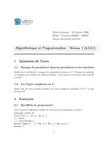 UTBM algorithmique et programmation   niveau i 2005 tc algorithmique et programmation : niveau i lo11 tronc commun semestre 1 final