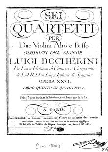 Partition violon 1, 6 corde quatuors, G.184-188 (Op.22), Boccherini, Luigi