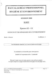 Sciences et technologies de l environnement 2008 Bac Pro - Hygiène et environnement