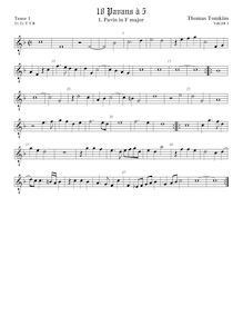Partition ténor viole de gambe 1, octave aigu clef, pavanes pour 5 violes de gambe par Thomas Tomkins